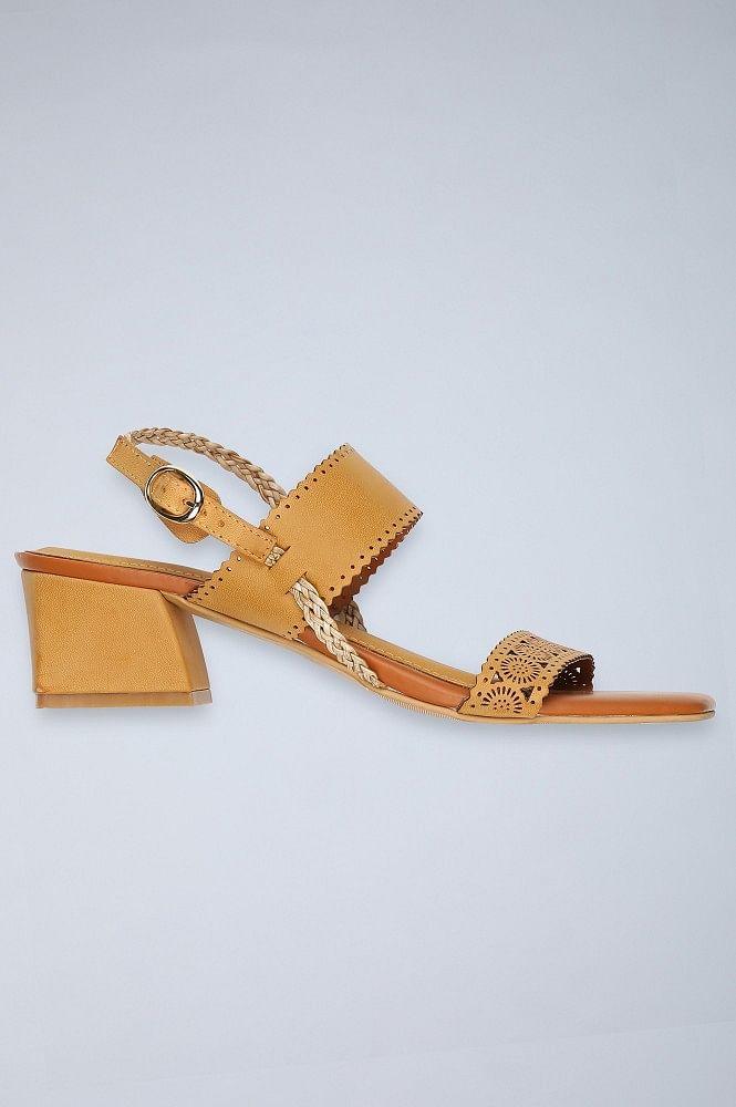 Mustard Laser Cut Block Heels - wforwoman