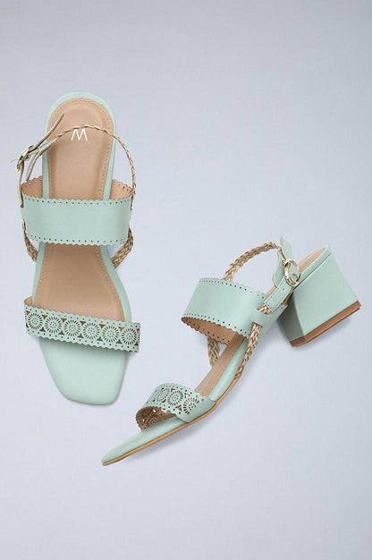 Pastel Green Laser Cut Block Heels - wforwoman