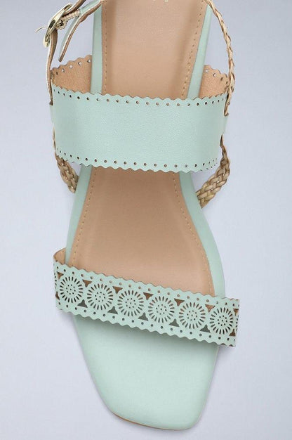 Pastel Green Laser Cut Block Heels - wforwoman