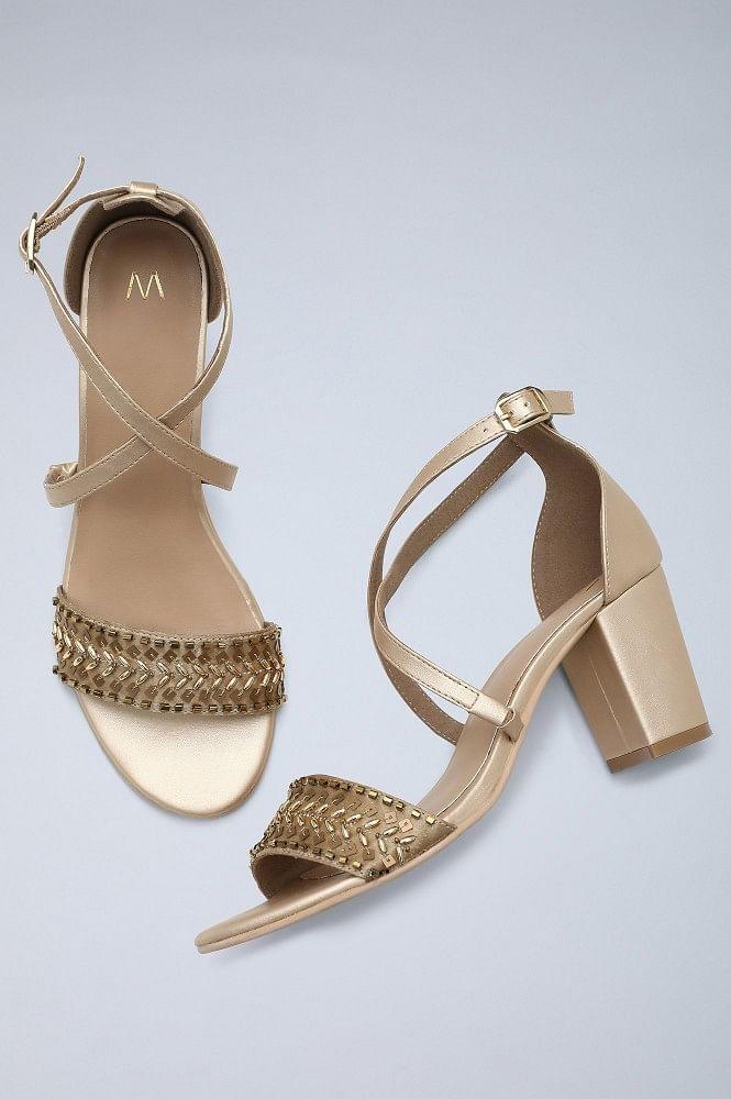 Gold &amp; Beige Embroidered Block Heels - wforwoman