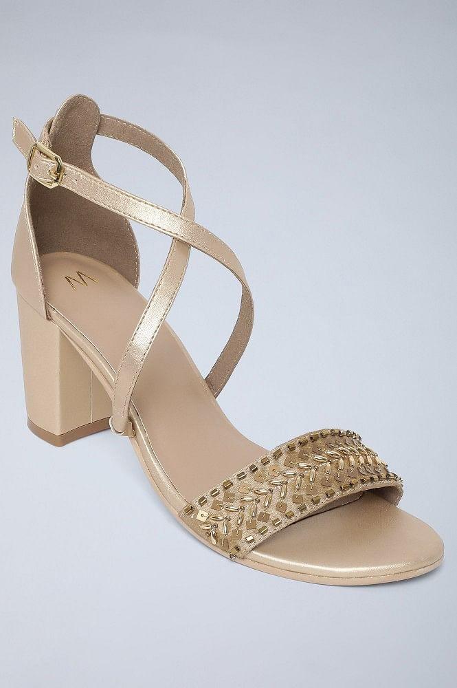 Gold &amp; Beige Embroidered Block Heels - wforwoman