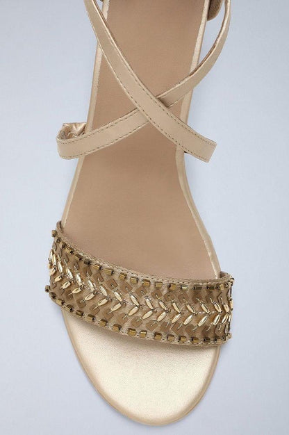 Gold &amp; Beige Embroidered Block Heels - wforwoman