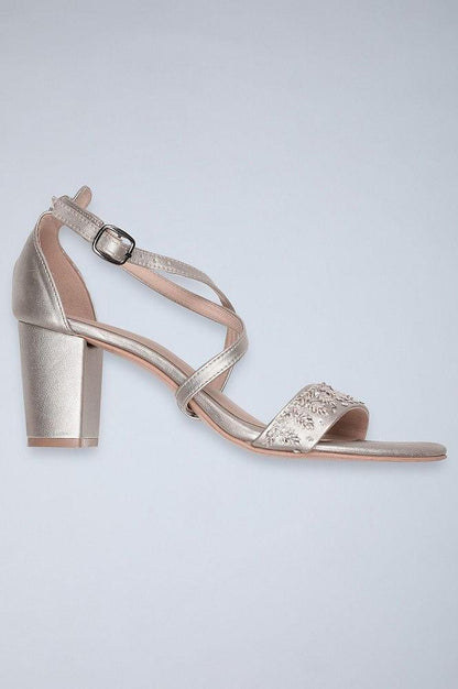 Silver Almond Toe Embroidered Block Heels - wforwoman