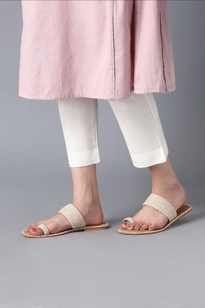 Beige Ring-toed Woven Flats - wforwoman