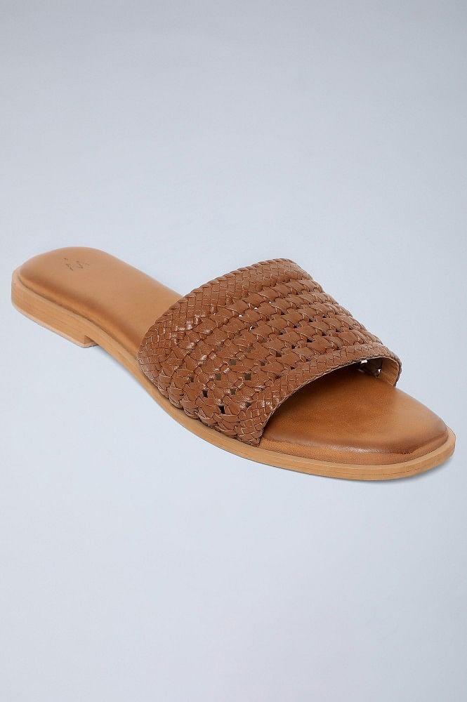 Tan Square Toe Woven Flats - wforwoman