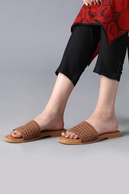 Tan Square Toe Woven Flats - wforwoman