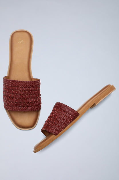 Maroon Square Toe Woven Flats