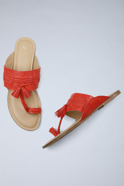 Red &amp; Beige Braided Kolhapuri Flats