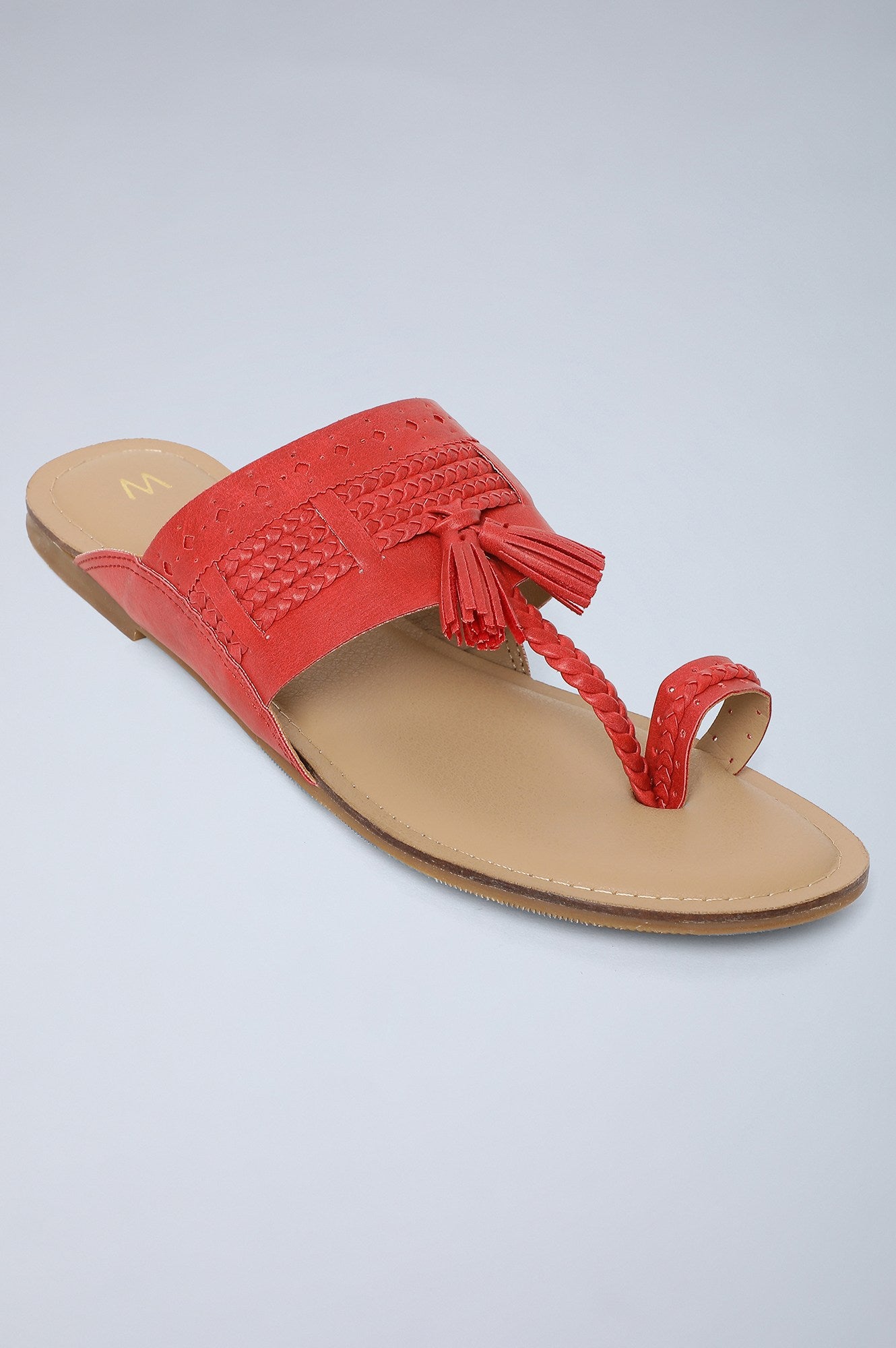 Red &amp; Beige Braided Kolhapuri Flats