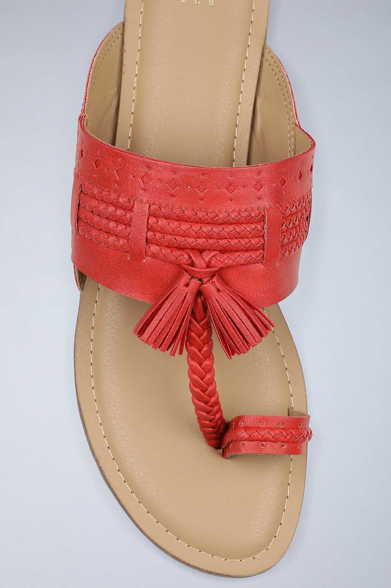 Red &amp; Beige Braided Kolhapuri Flats