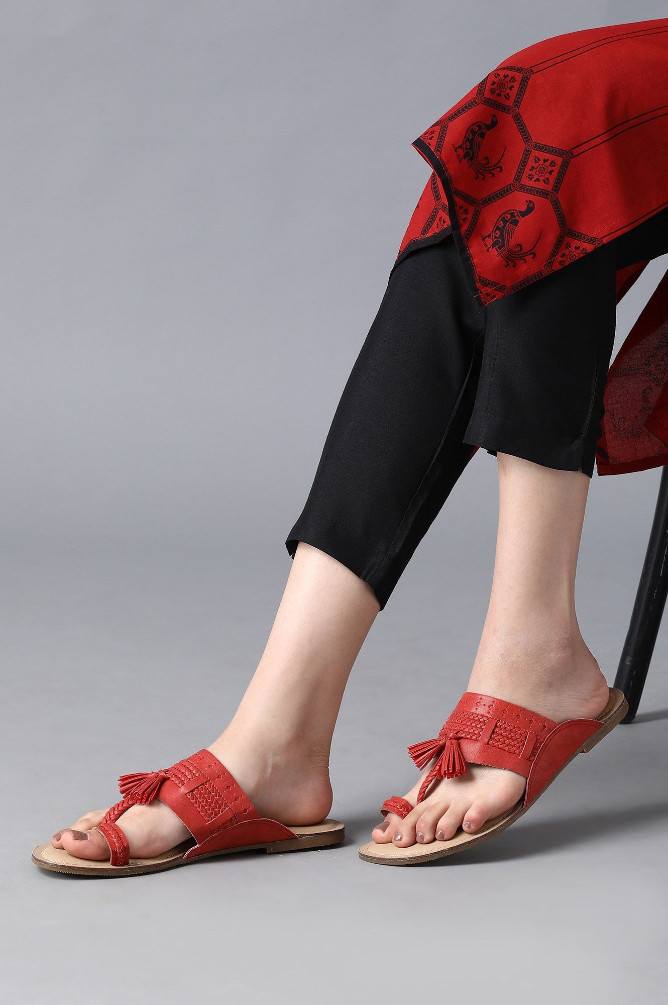 Red &amp; Beige Braided Kolhapuri Flats