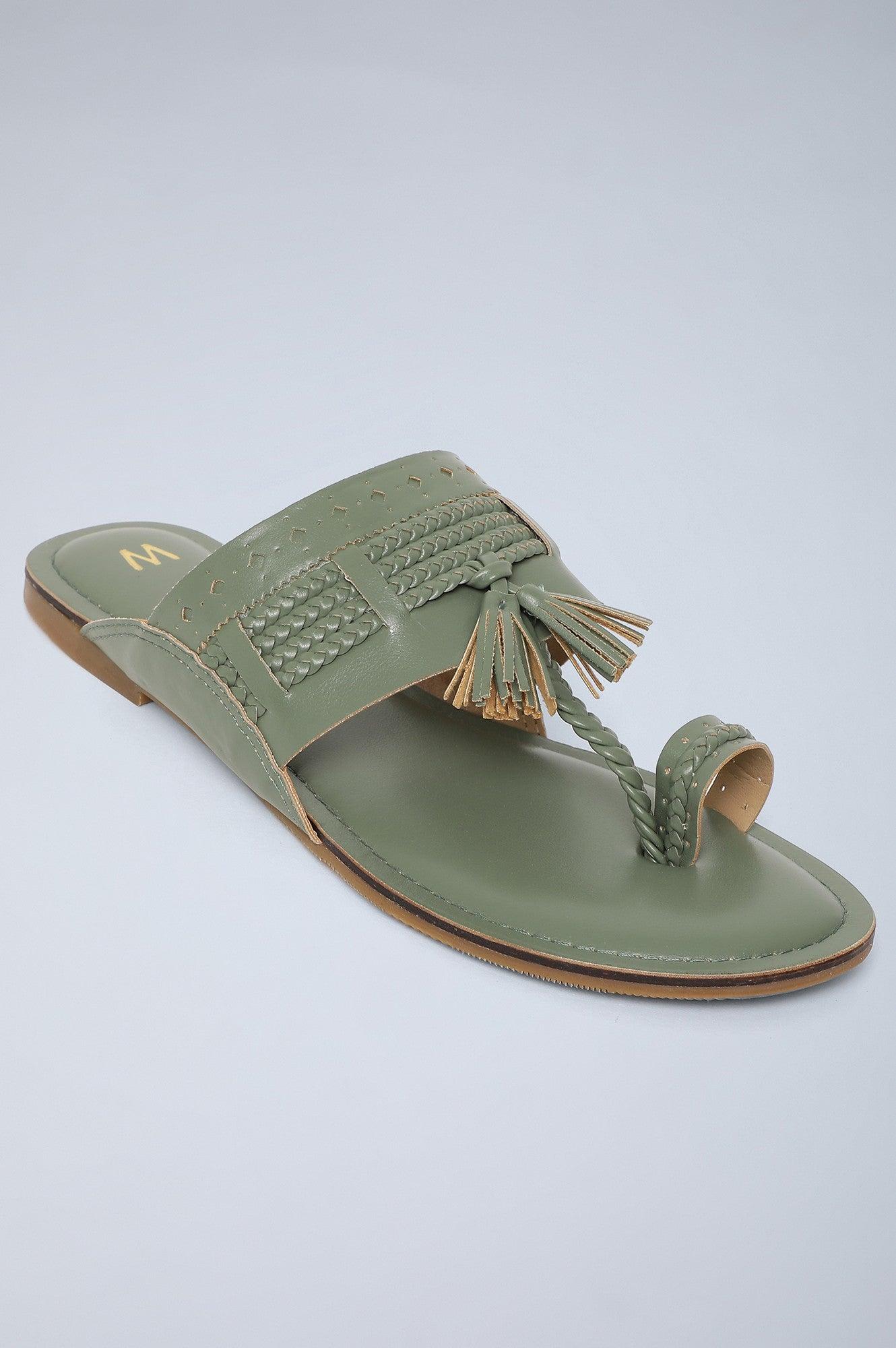 W Green Woven Design Round Toe Flat - wforwoman