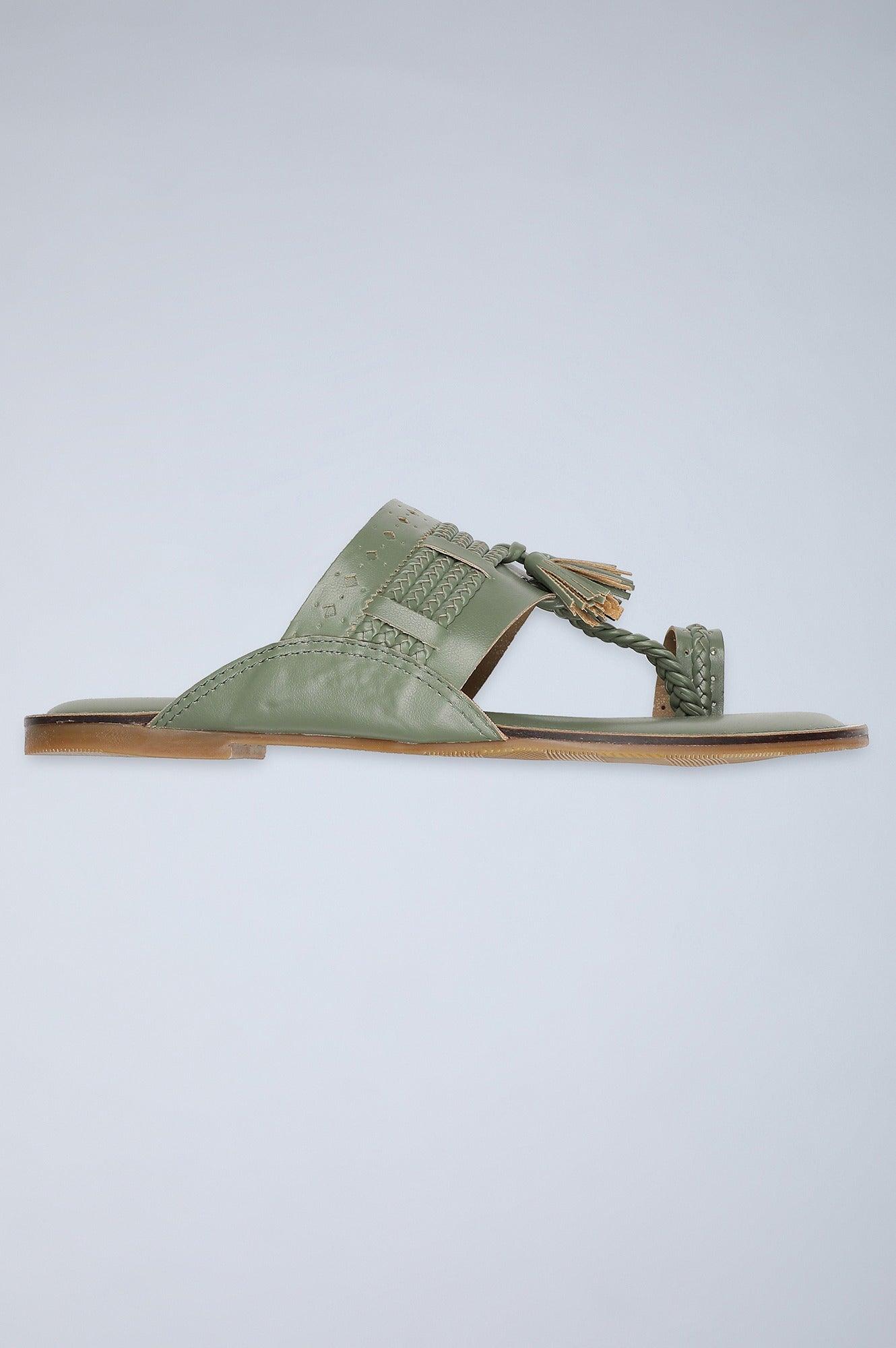 W Green Woven Design Round Toe Flat - wforwoman