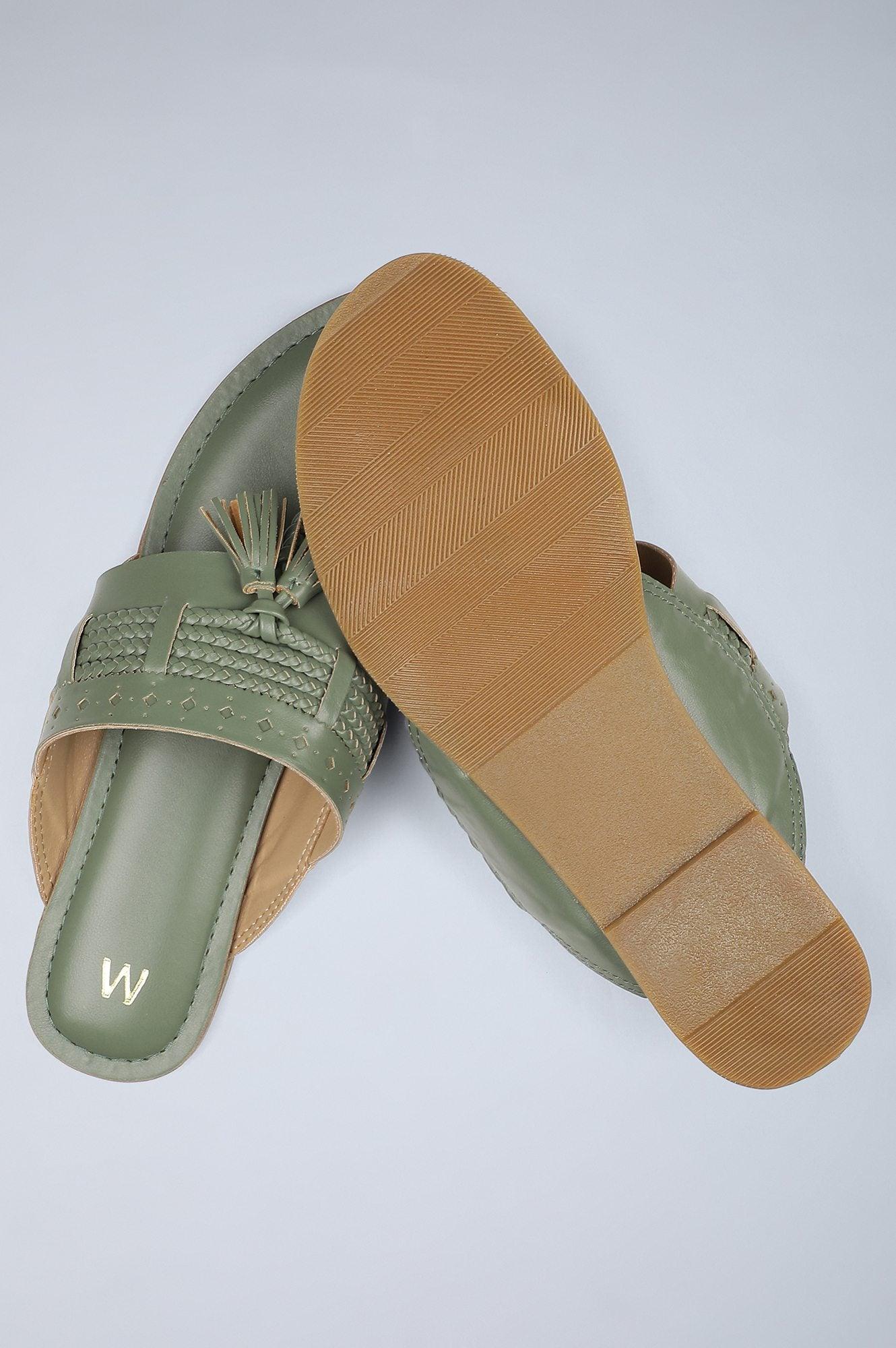 W Green Woven Design Round Toe Flat - wforwoman