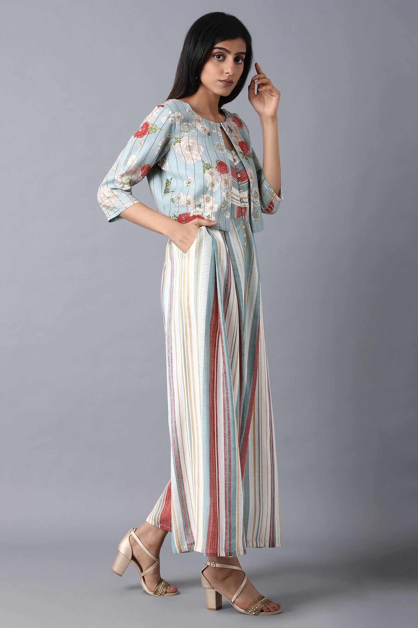 Blue Round Neck Printed Jumpsuit