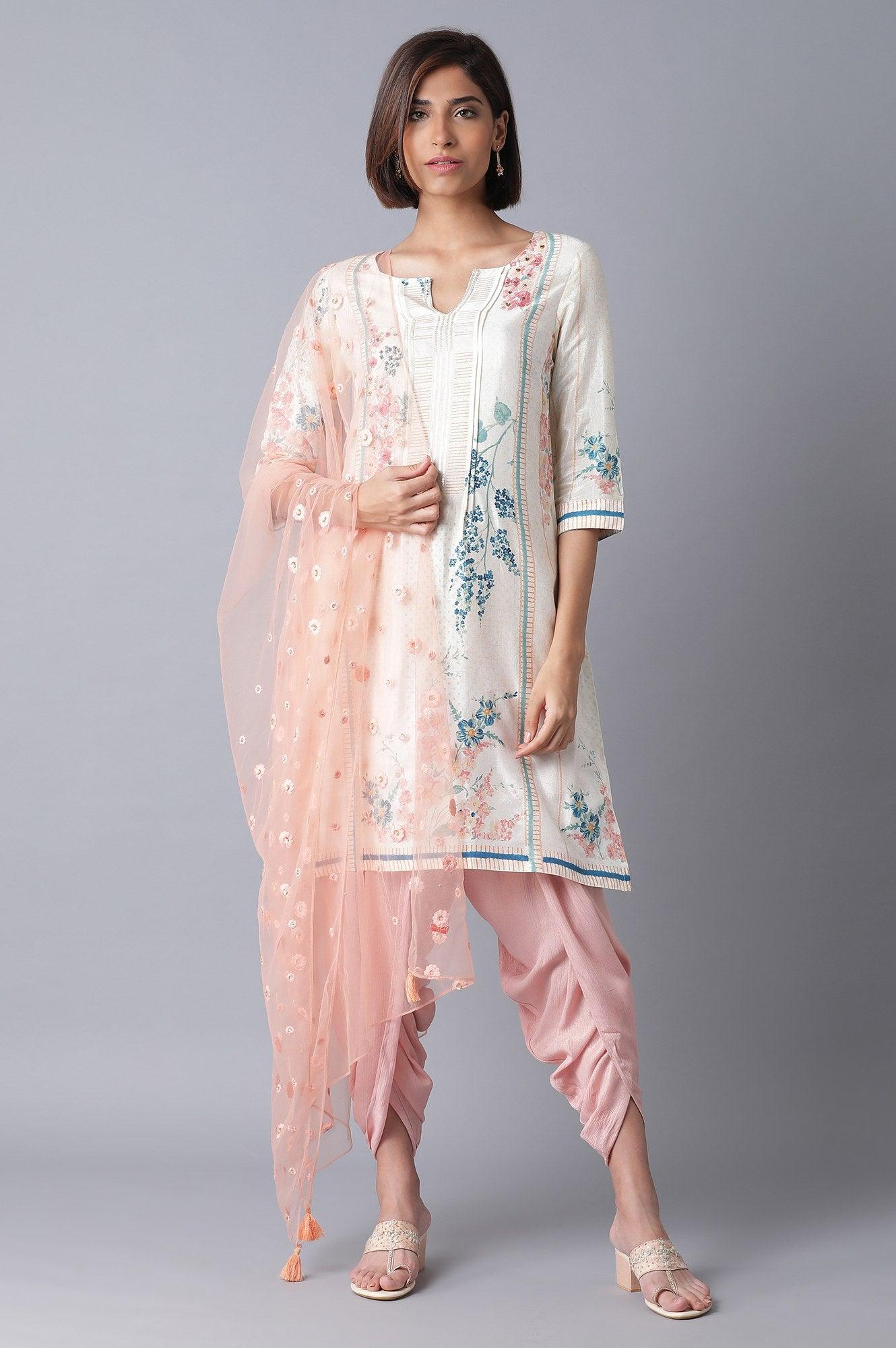 Ecru kurta-Pink Draped Pants-Mesh Drape Set - wforwoman