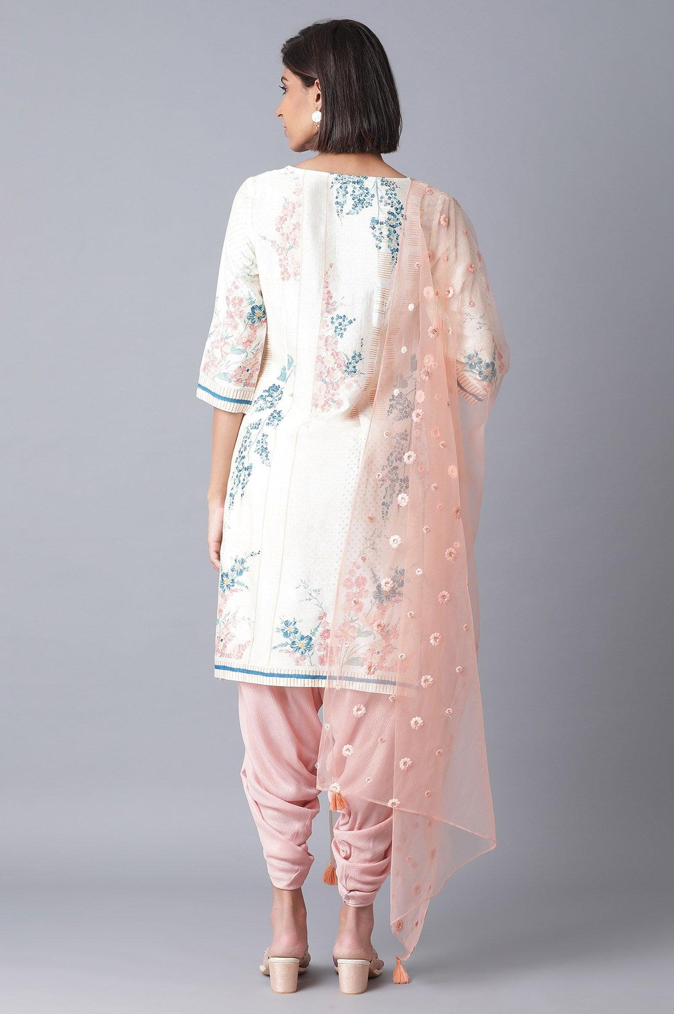 Ecru kurta-Pink Draped Pants-Mesh Drape Set - wforwoman