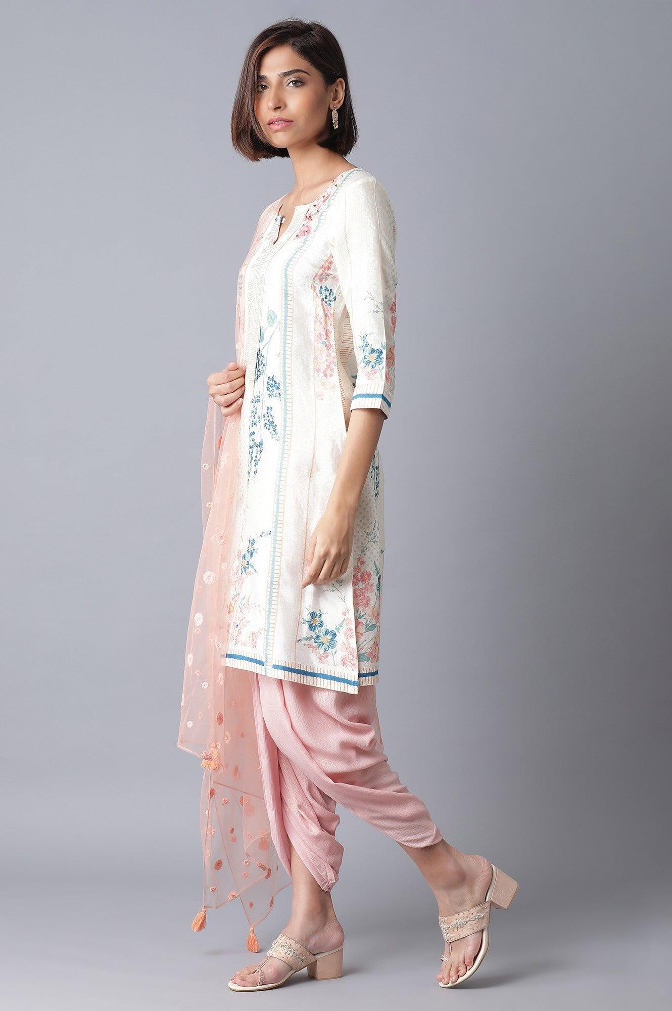 Ecru kurta-Pink Draped Pants-Mesh Drape Set - wforwoman