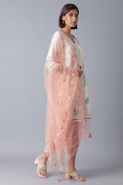 Ecru kurta-Pink Draped Pants-Mesh Drape Set - wforwoman