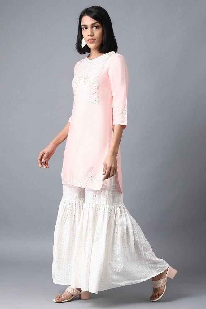 Pink Round Neck Embroidered kurta Set - wforwoman