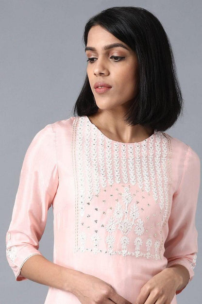 Pink Round Neck Embroidered kurta Set - wforwoman