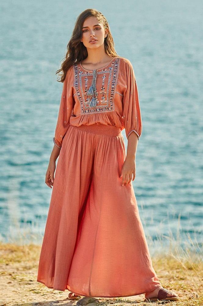 Peach Embroidered Jumpsuit - wforwoman