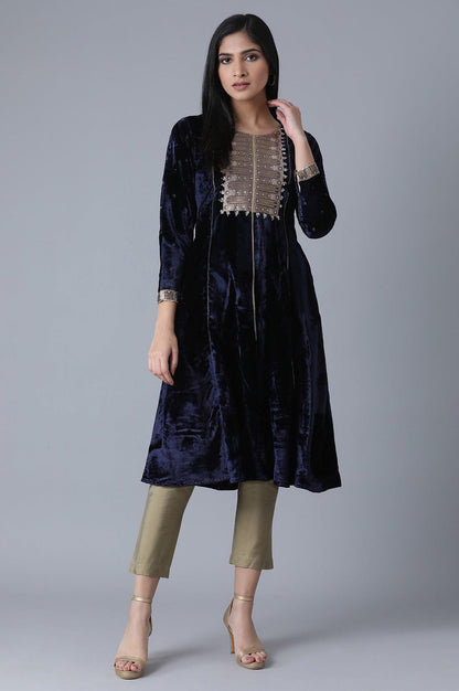 Navy Blue A-Line Velvet kurta - wforwoman