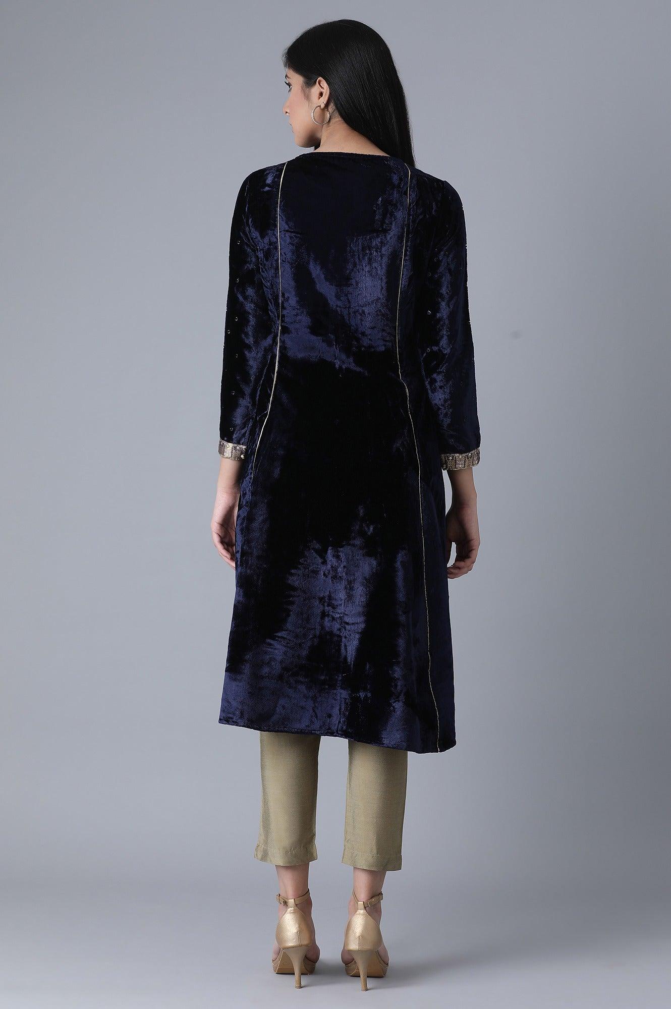 Navy Blue A-Line Velvet kurta - wforwoman