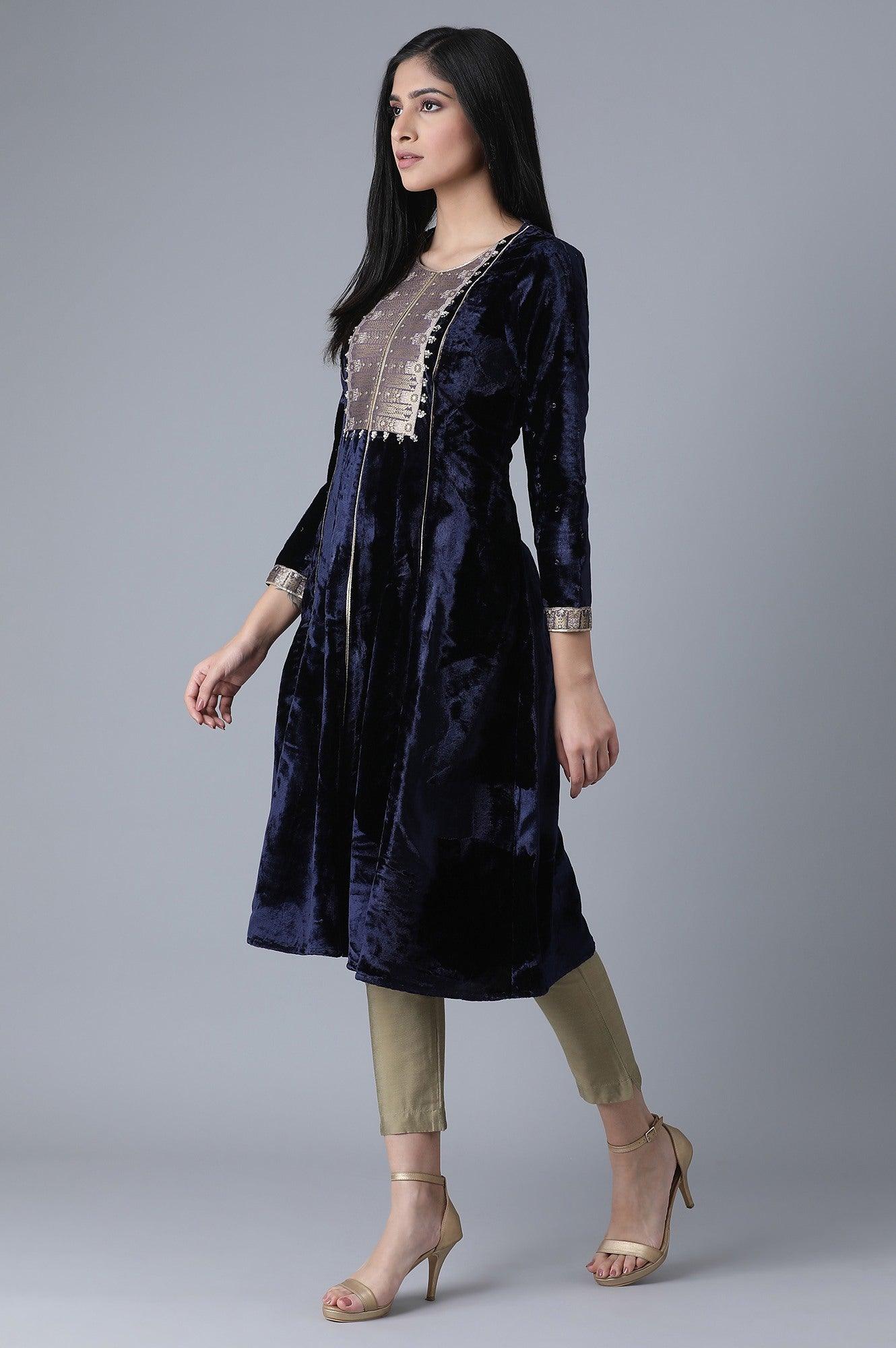 Navy Blue A-Line Velvet kurta - wforwoman