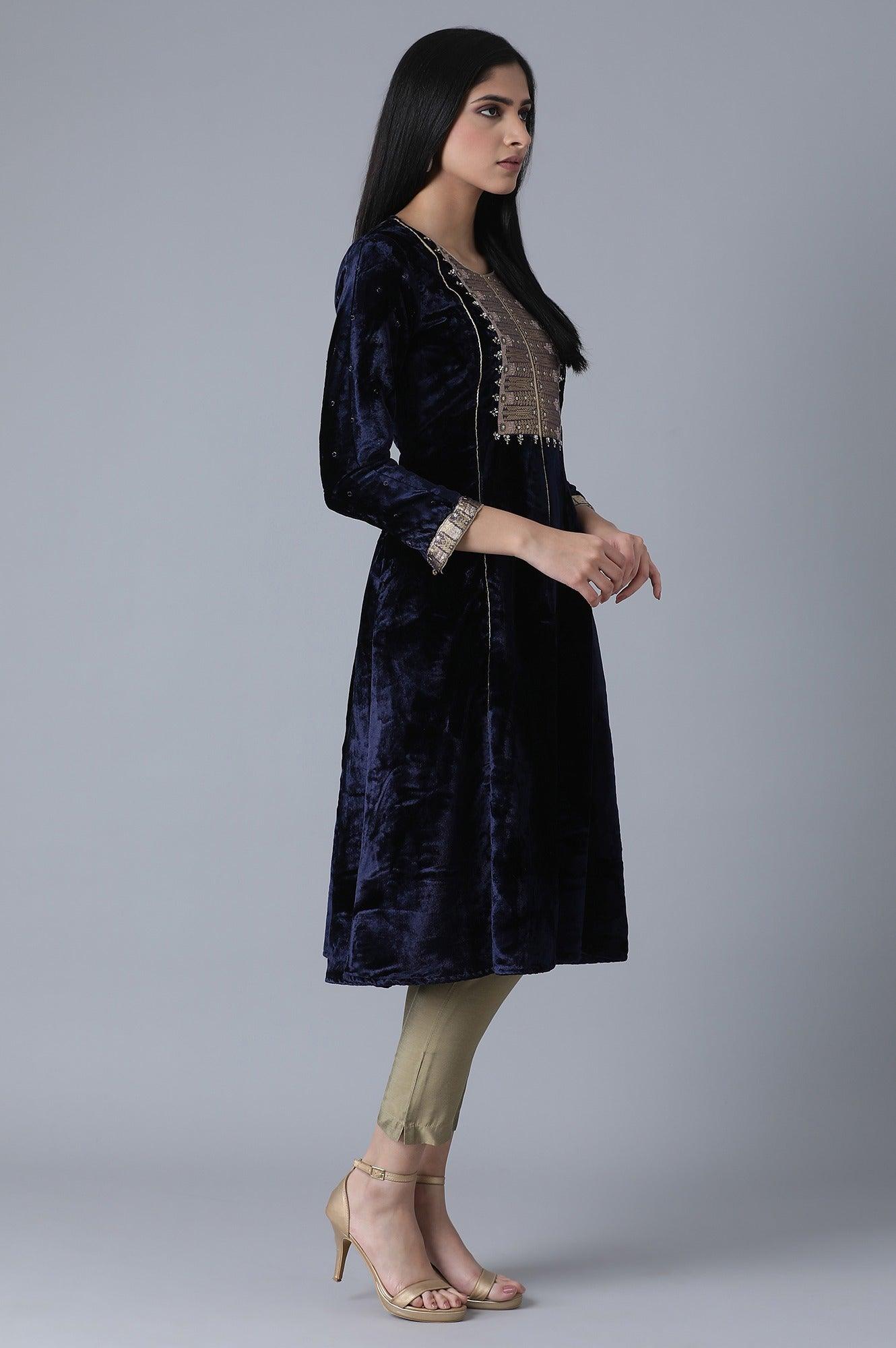 Navy Blue A-Line Velvet kurta - wforwoman