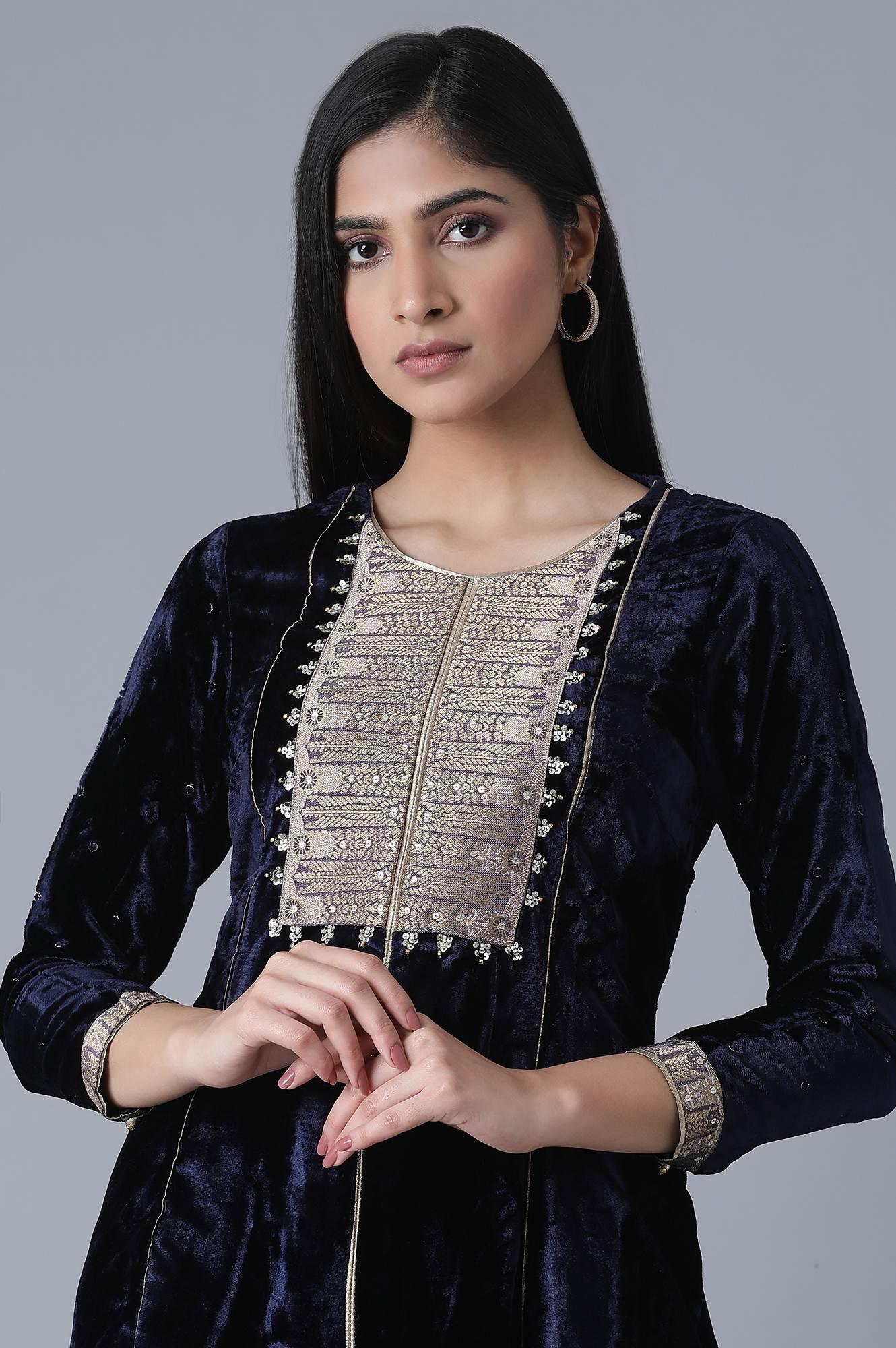 Navy Blue A-Line Velvet kurta - wforwoman