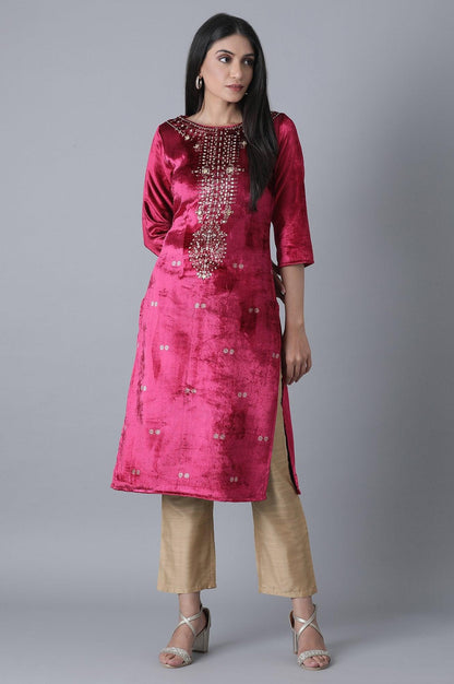 Fuchsia Printed Velvet kurta - wforwoman