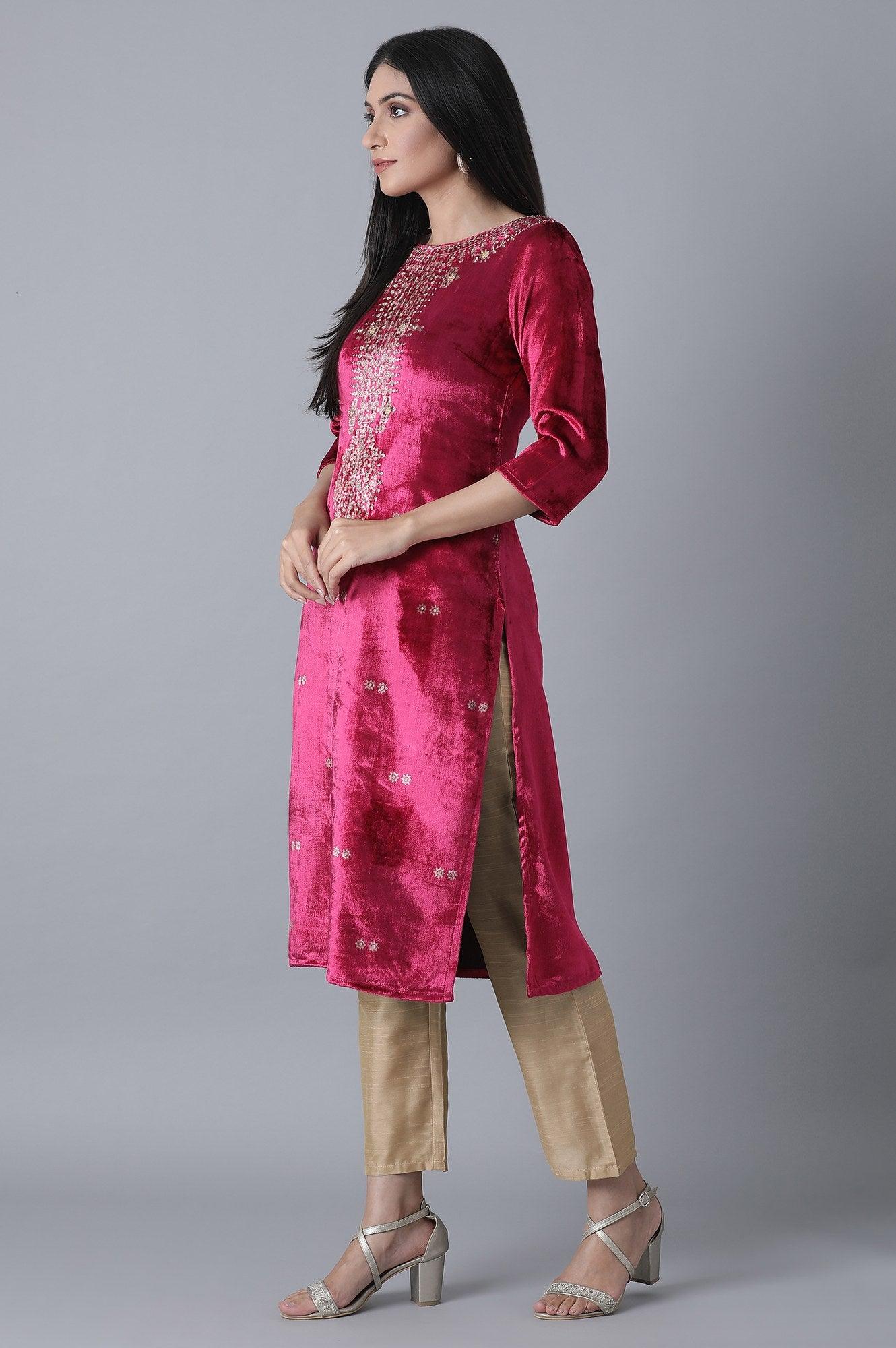 Fuchsia Printed Velvet kurta - wforwoman