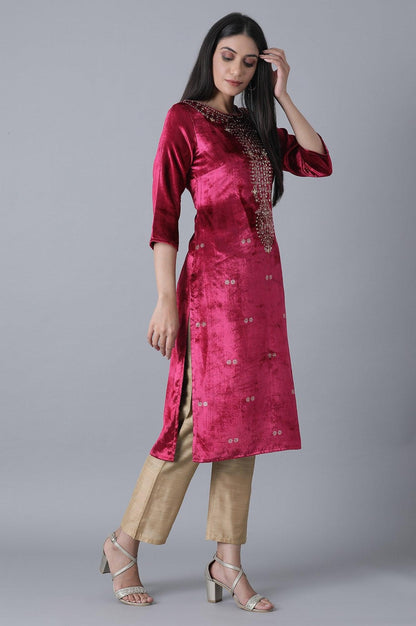 Fuchsia Printed Velvet kurta - wforwoman