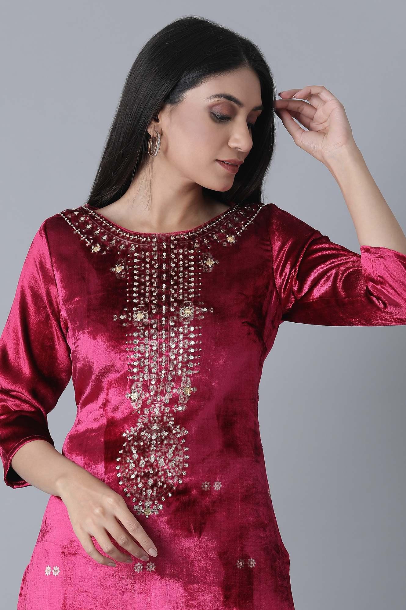 Fuchsia Printed Velvet kurta - wforwoman