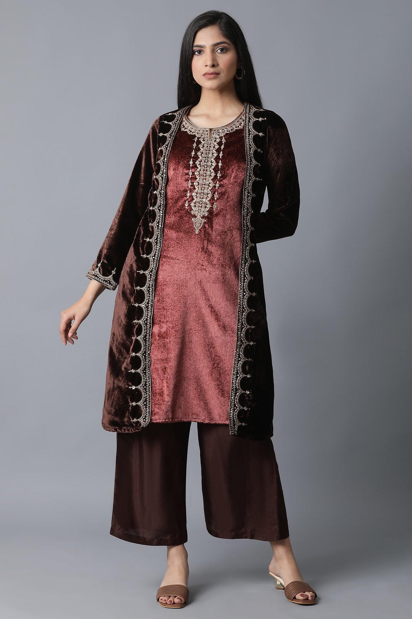 Dark Brown Jacket kurta-Parallel Pant Set - wforwoman