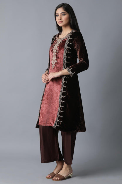 Dark Brown Jacket kurta-Parallel Pant Set - wforwoman