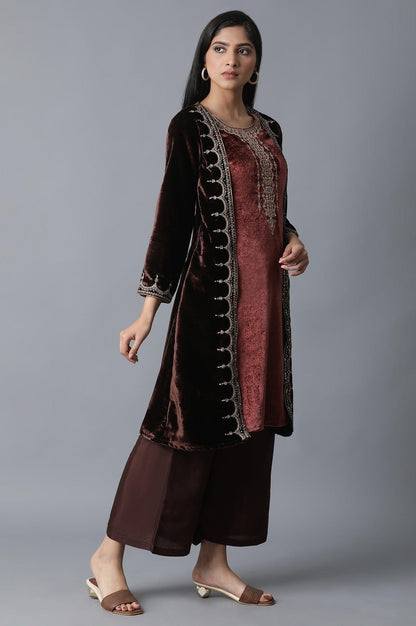 Dark Brown Jacket kurta-Parallel Pant Set - wforwoman