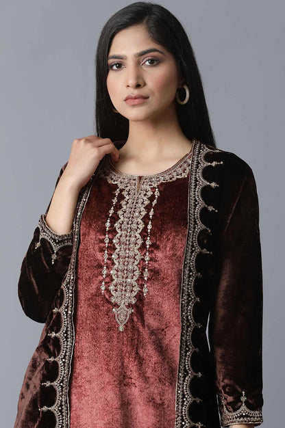 Dark Brown Jacket kurta-Parallel Pant Set - wforwoman