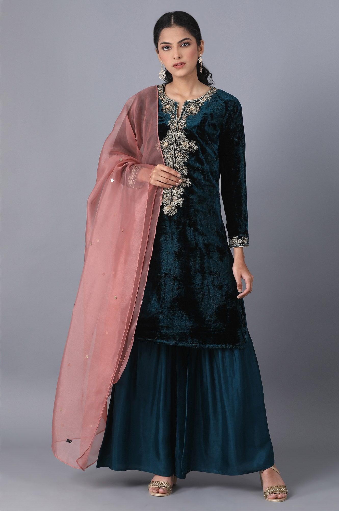 Dark Teal kurta-Sharara-Dupatta Set - wforwoman