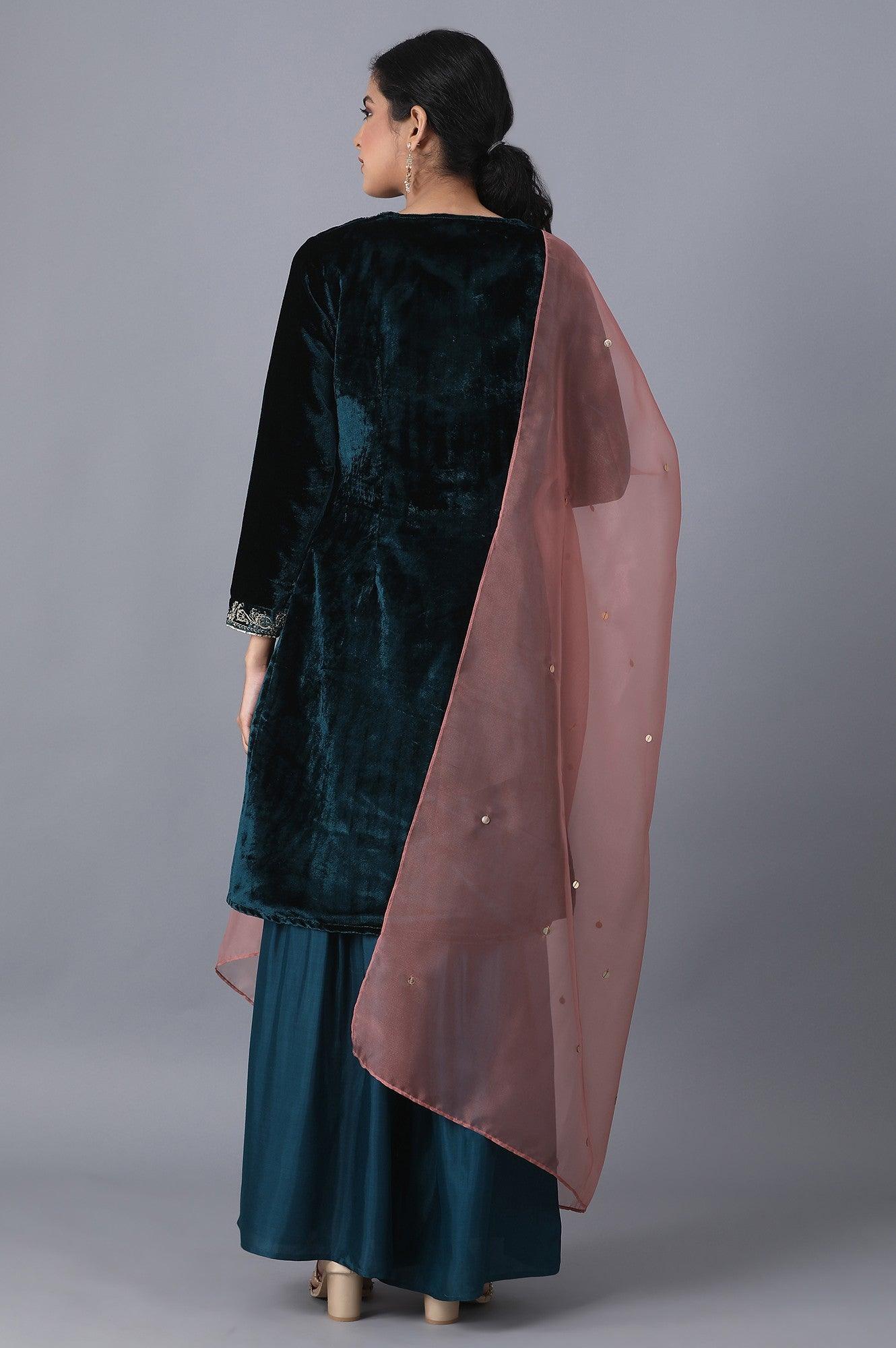 Dark Teal kurta-Sharara-Dupatta Set - wforwoman