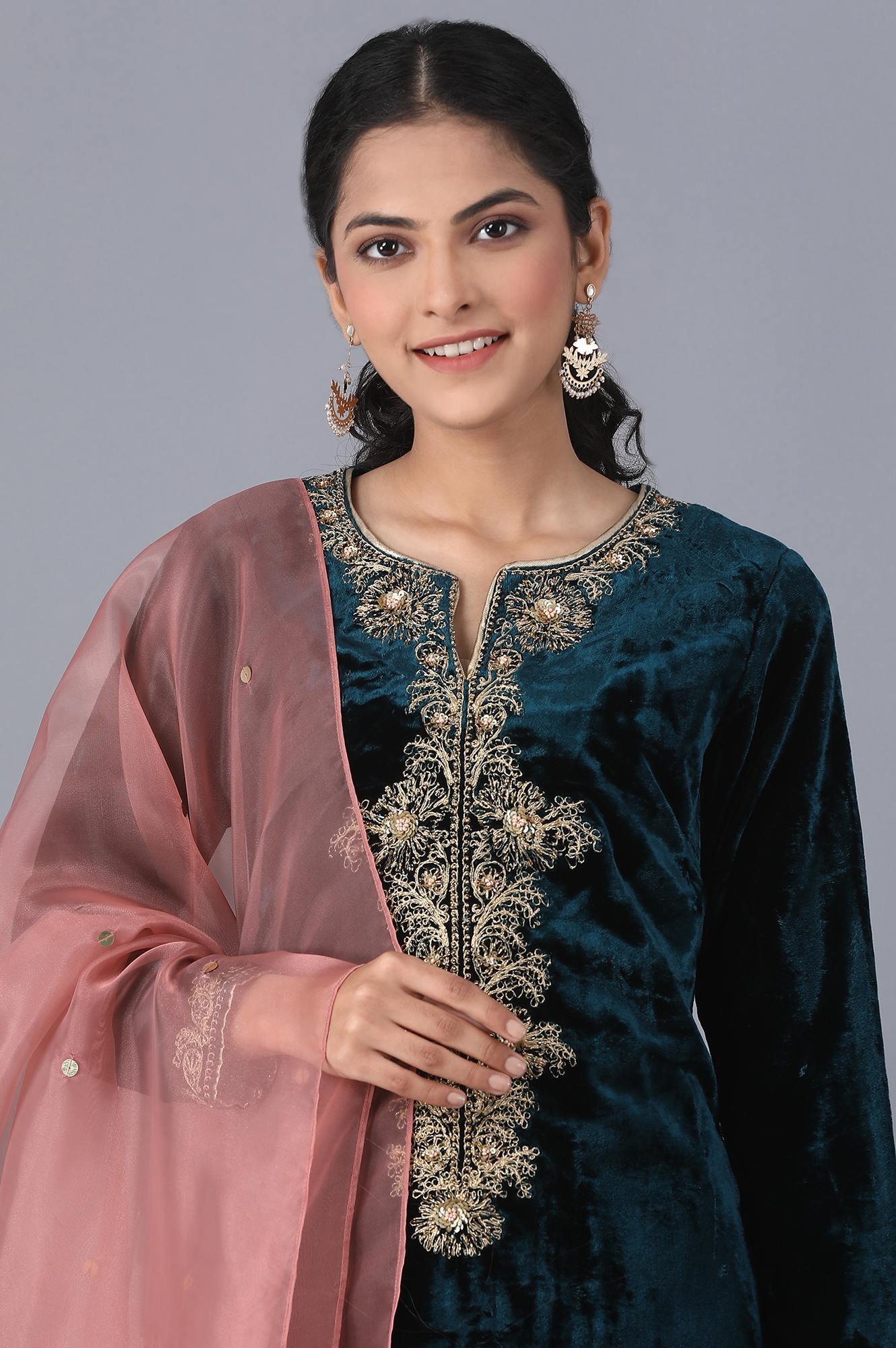 Dark Teal kurta-Sharara-Dupatta Set - wforwoman