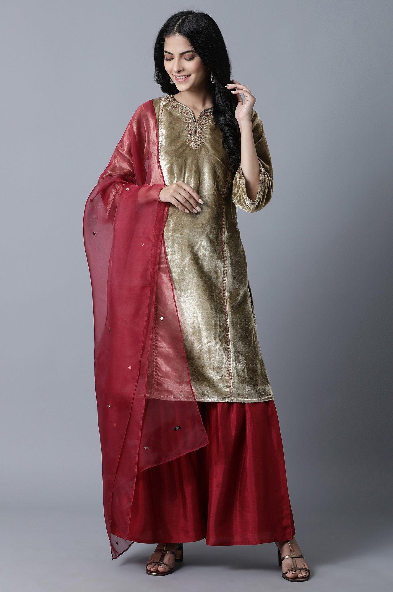 Gold kurta- Dark Red Sharats- Dupatta Set - wforwoman