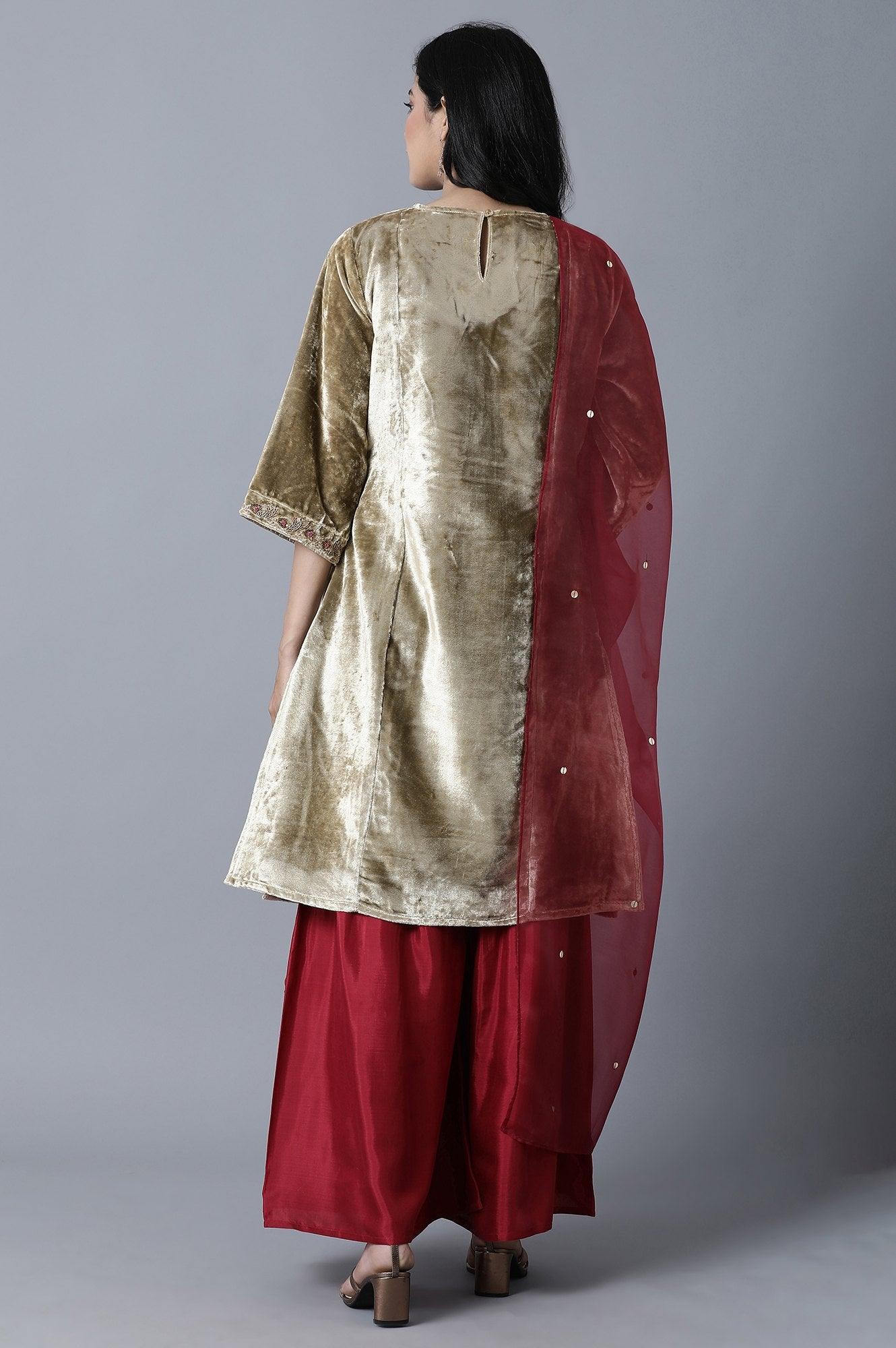 Gold kurta- Dark Red Sharats- Dupatta Set - wforwoman