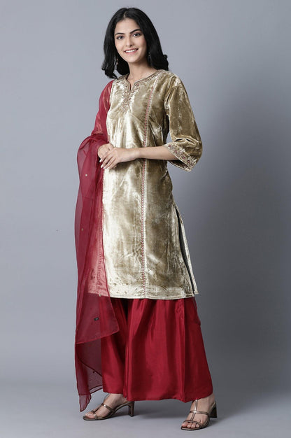 Gold kurta- Dark Red Sharats- Dupatta Set - wforwoman