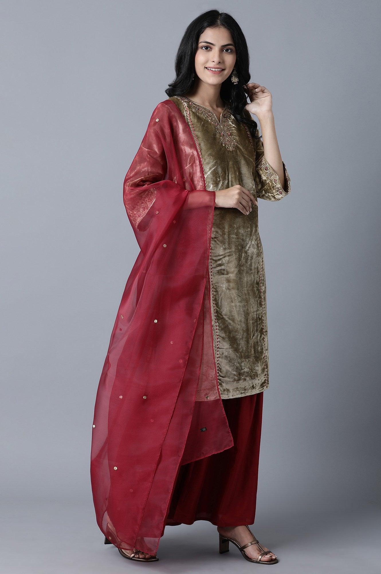 Gold kurta- Dark Red Sharats- Dupatta Set - wforwoman