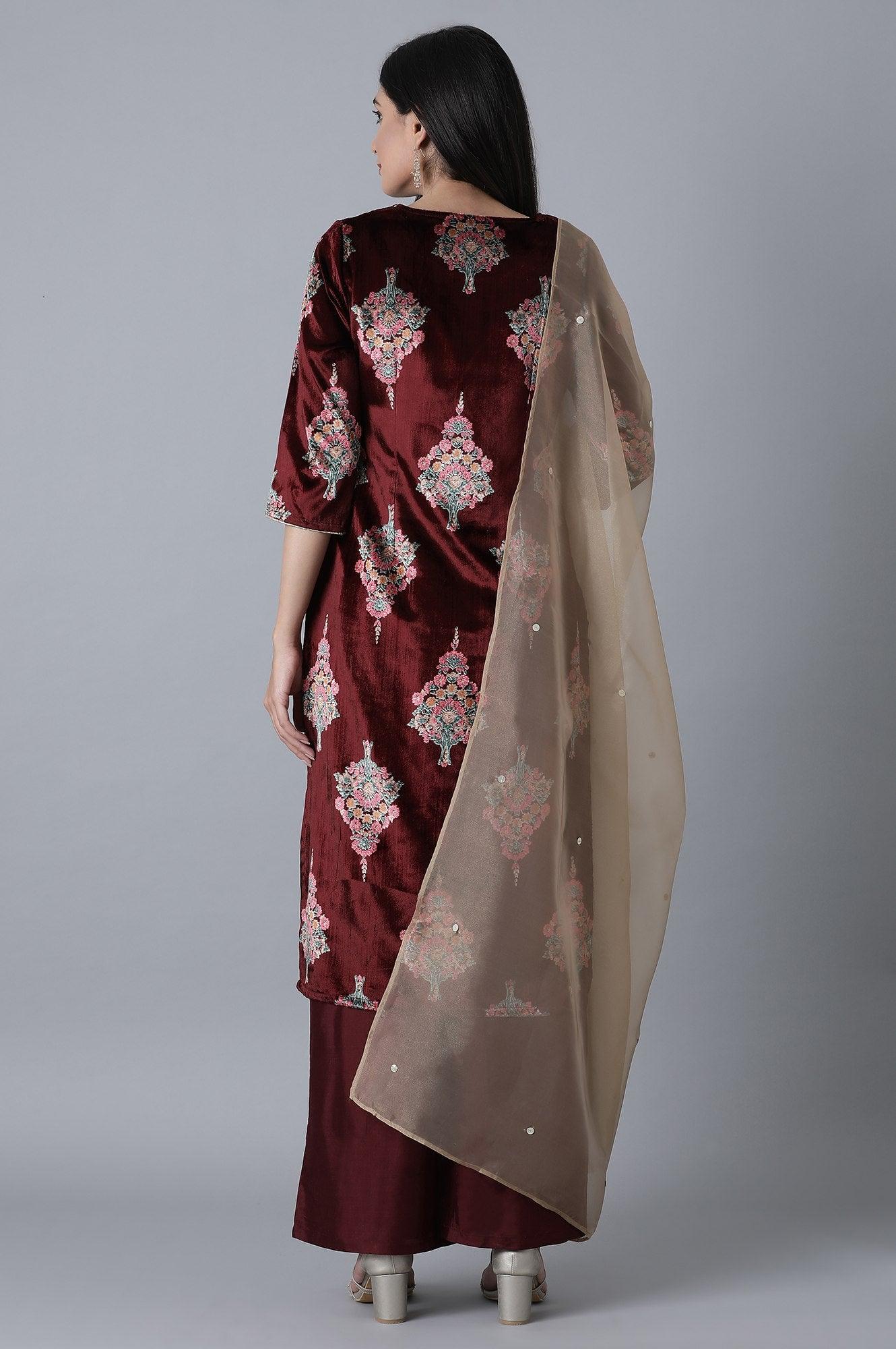 Maroon Printed kurta- Gold Parallel Pant-Duptta Set - wforwoman