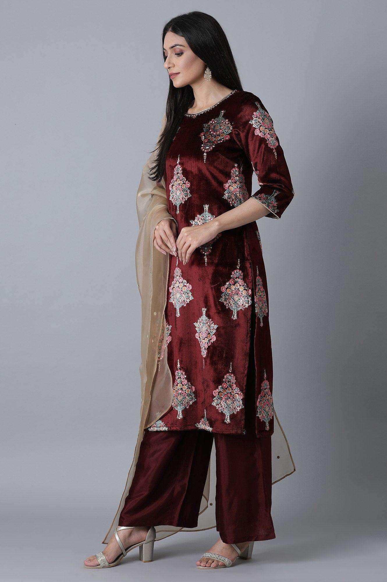 Maroon Printed kurta- Gold Parallel Pant-Duptta Set - wforwoman