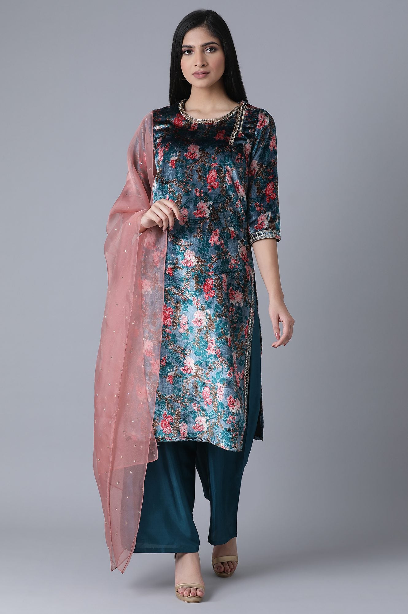 Glam Teal Printed kurta-Parallel Pants- Dupatta Set