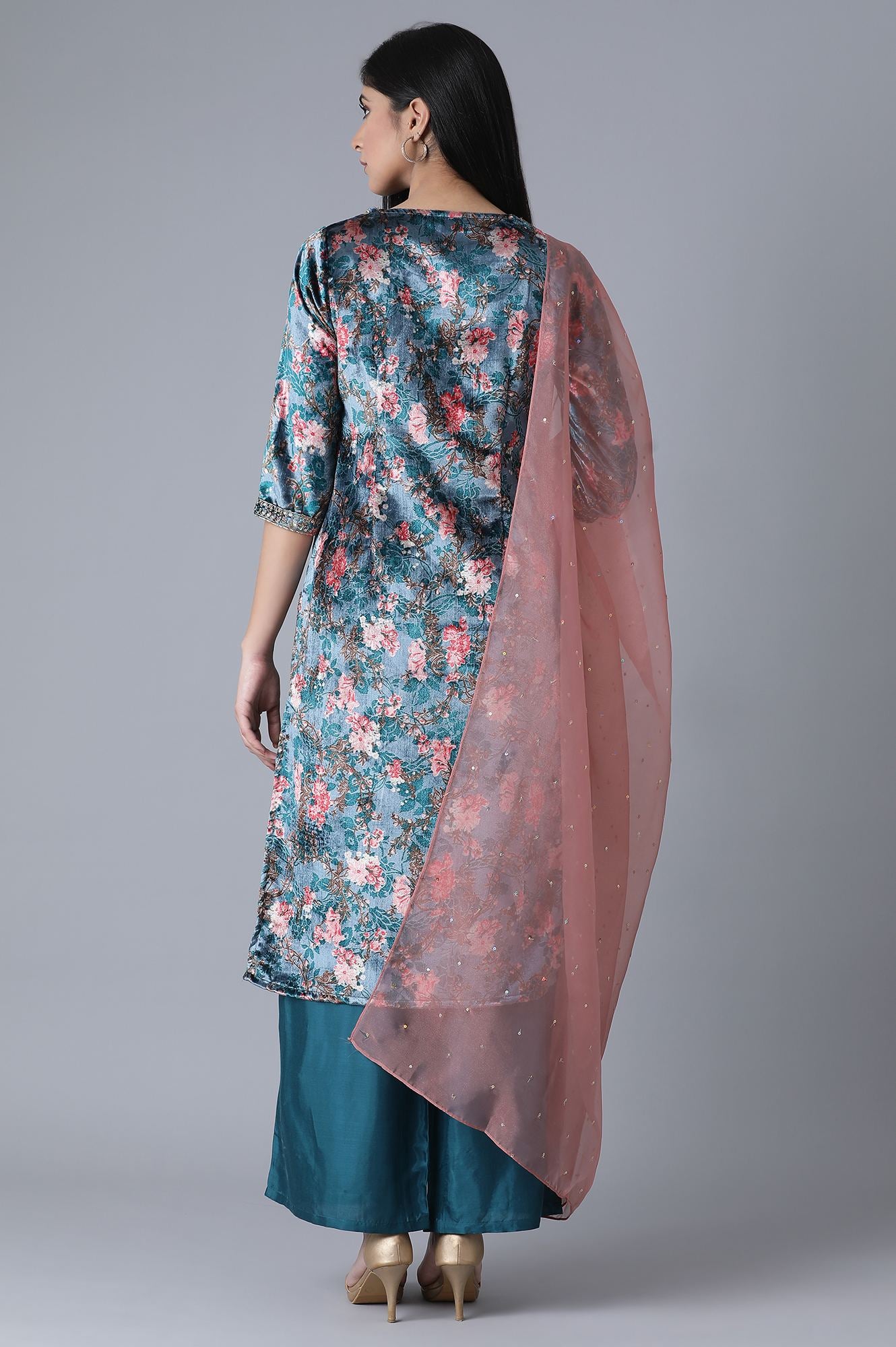 Glam Teal Printed kurta-Parallel Pants- Dupatta Set